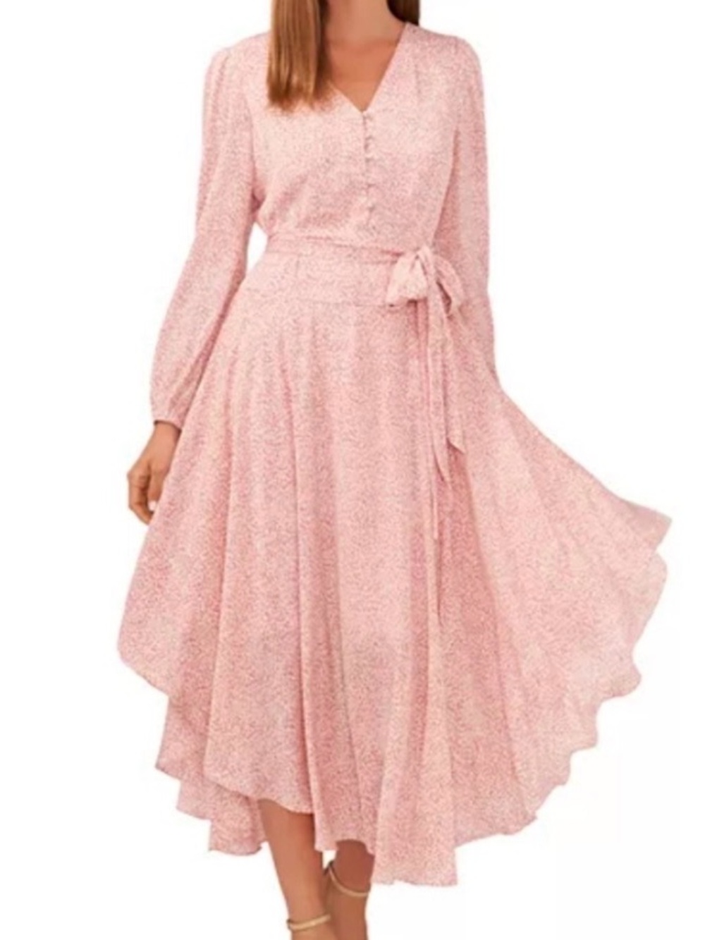 Vince Camuto V-Neck Long Sleeve Midi Dress with Waist Tie